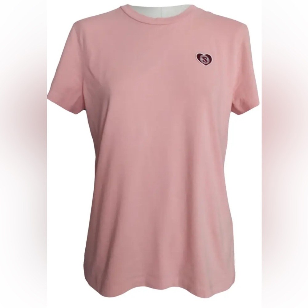 Pink Crewneck Women's T-Shirt with Heart Patch